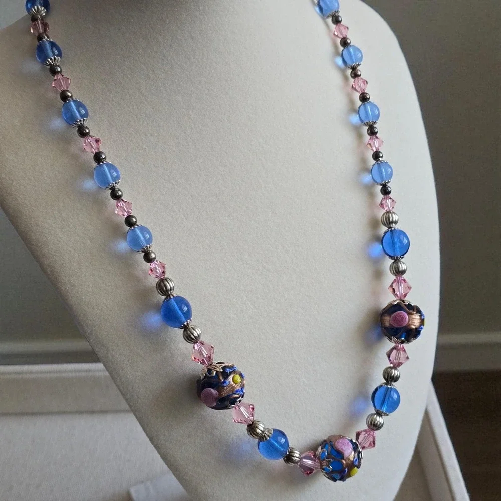 Murano Glass Wedding Cake Bead Necklace Sterling 925 Blue Pink Venetian Lampwork